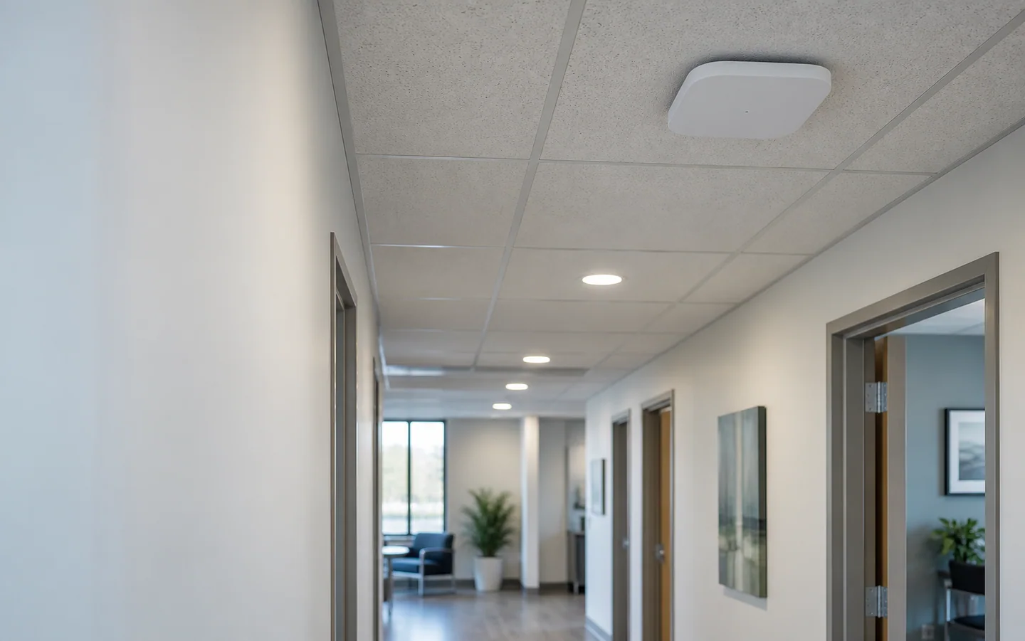 Ceiling-mounted wireless access point in a small commercial clinic corridor