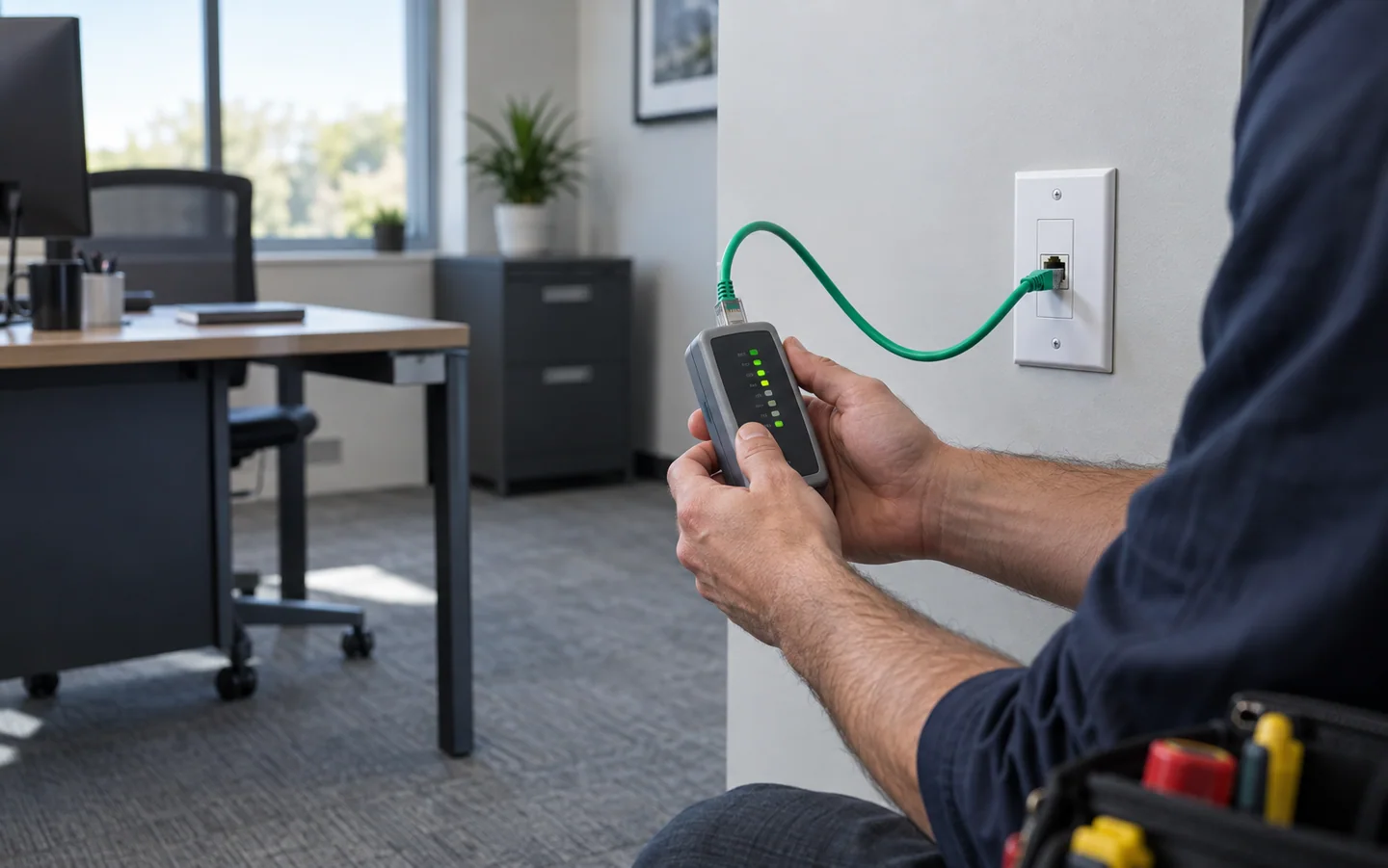 Technician testing a finished Ethernet wall connection in an office