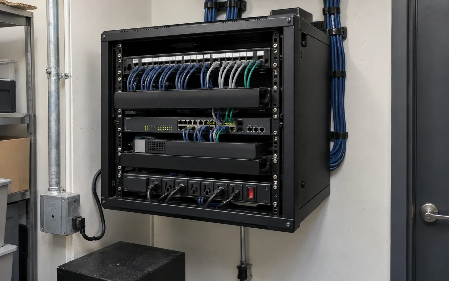 Organized wall-mounted network rack with neatly routed patch cables